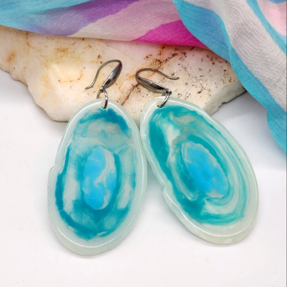 ❤️ Hipoallergenic Studs Resin Agate Silver Earrings Large Lightweight